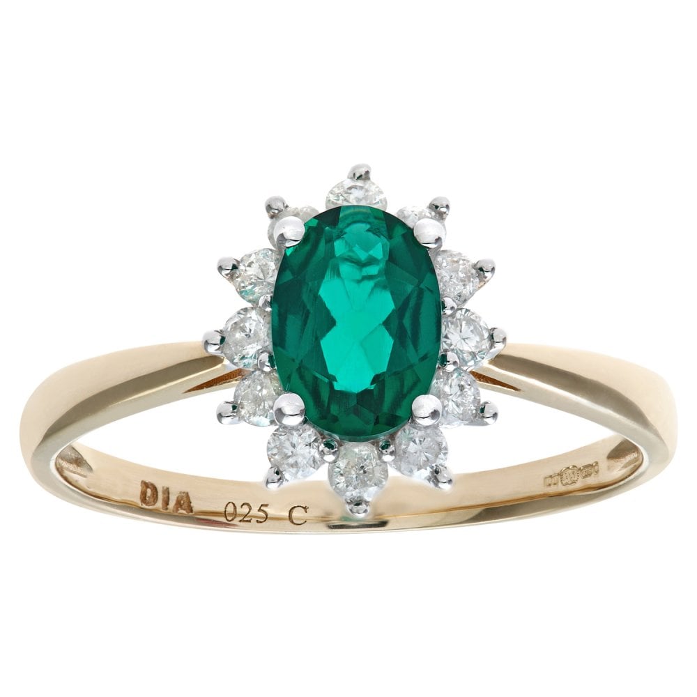SPARKLD 9ct Yellow Gold Round Brilliant 0.25ct Emerald and Diamond Oval Cluster Ring