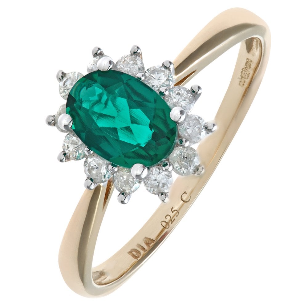 SPARKLD 9ct Yellow Gold Round Brilliant 0.25ct Emerald and Diamond Oval Cluster Ring