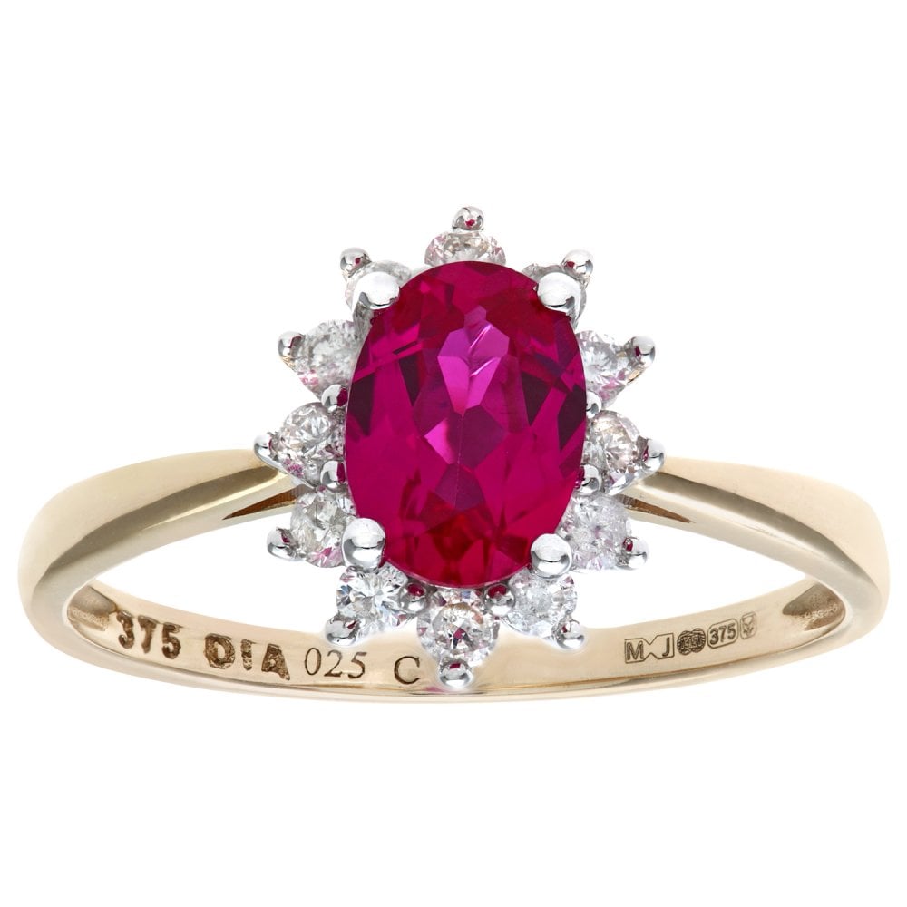 SPARKLD 9ct Yellow Gold Round Brilliant Ruby and 0.25ct Diamond Oval Cluster Ring