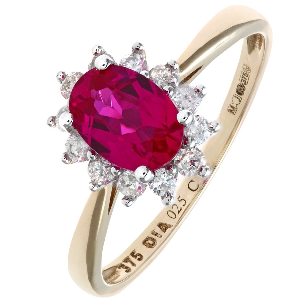 SPARKLD 9ct Yellow Gold Round Brilliant Ruby and 0.25ct Diamond Oval Cluster Ring