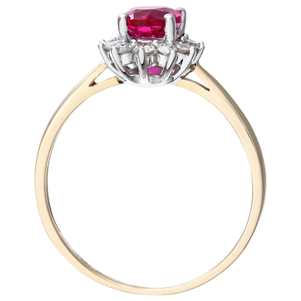 SPARKLD 9ct Yellow Gold Round Brilliant Ruby and 0.25ct Diamond Oval Cluster Ring