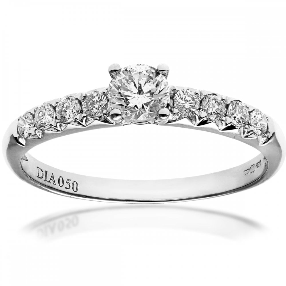 SPARKLD 18ct White Gold Shoulder Set Engagement Ring, IJ/I Certified 0.50ct Round Brilliant Diamonds
