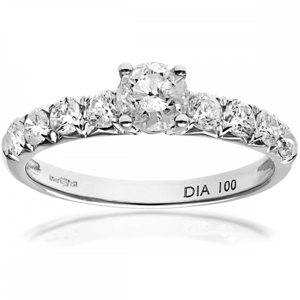 SPARKLD 18ct White Gold Shoulder Set Engagement Ring, IJ/I Certified 1.00ct Round Brilliant Diamonds