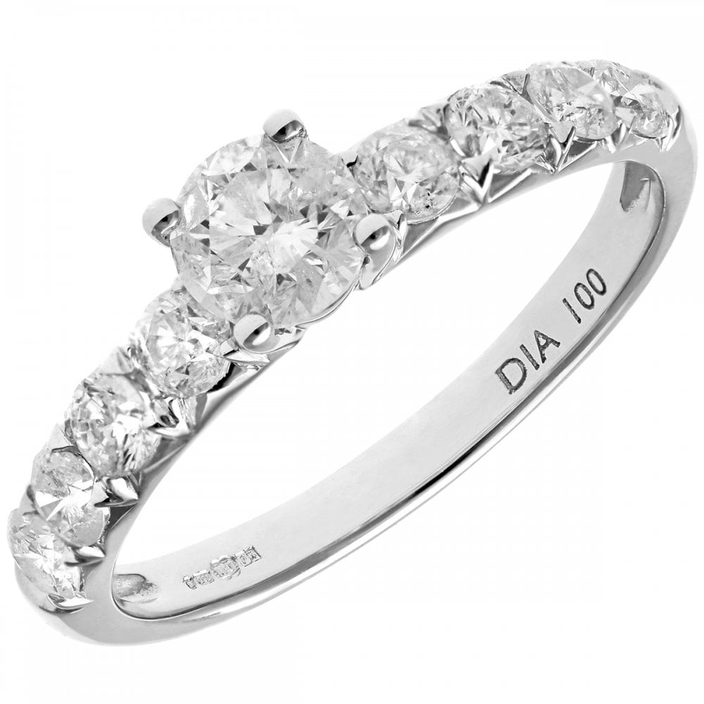 SPARKLD 18ct White Gold Shoulder Set Engagement Ring, IJ/I Certified 1.00ct Round Brilliant Diamonds