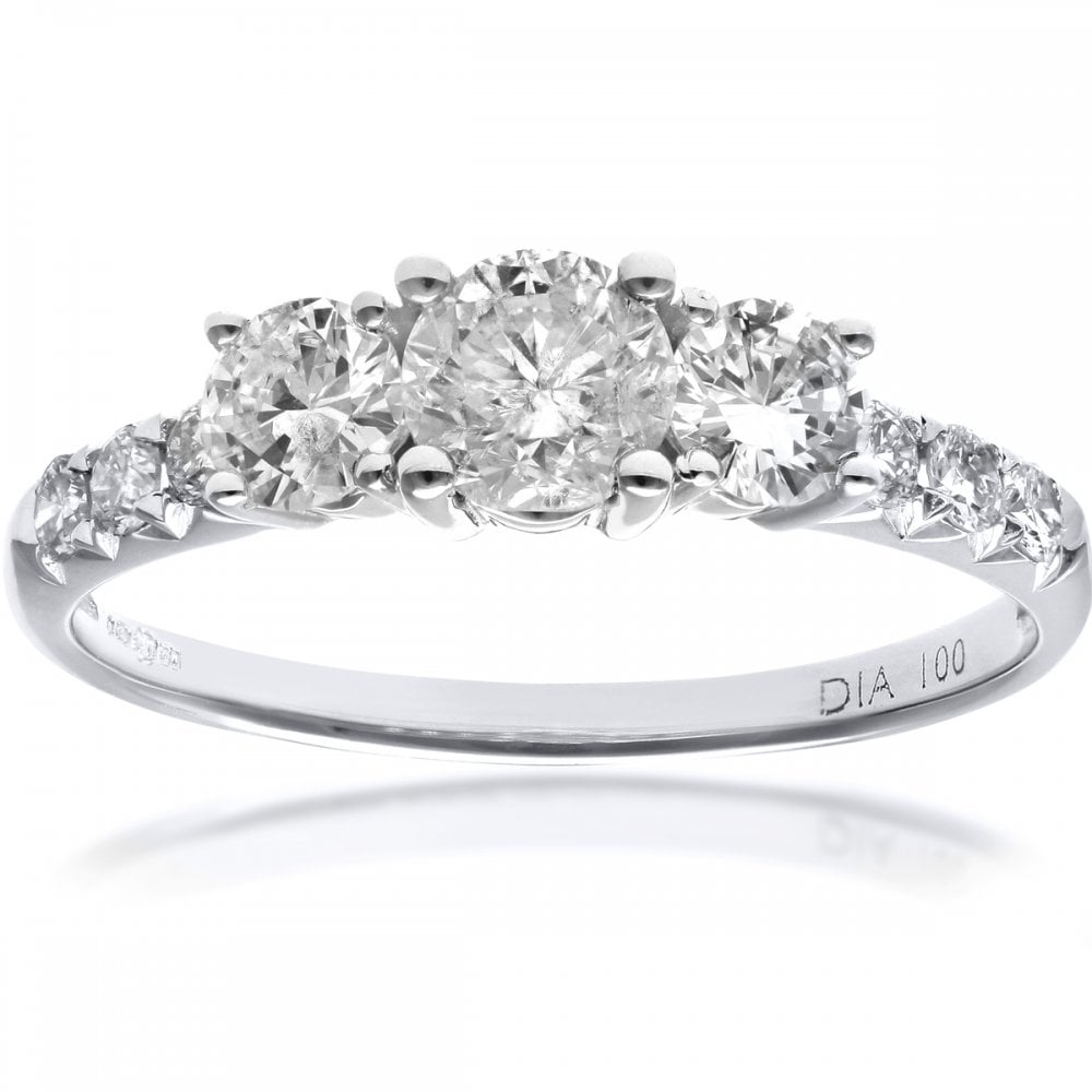 SPARKLD 18ct White Gold Certified  Round Brilliant 1.00ct Diamonds Trilogy Engagement Ring