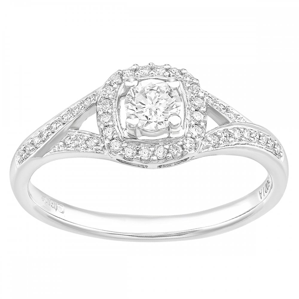 SPARKLD 18ct White Gold Square Halo 0.40ct Diamond Crossover Shoulder Engagement Ring