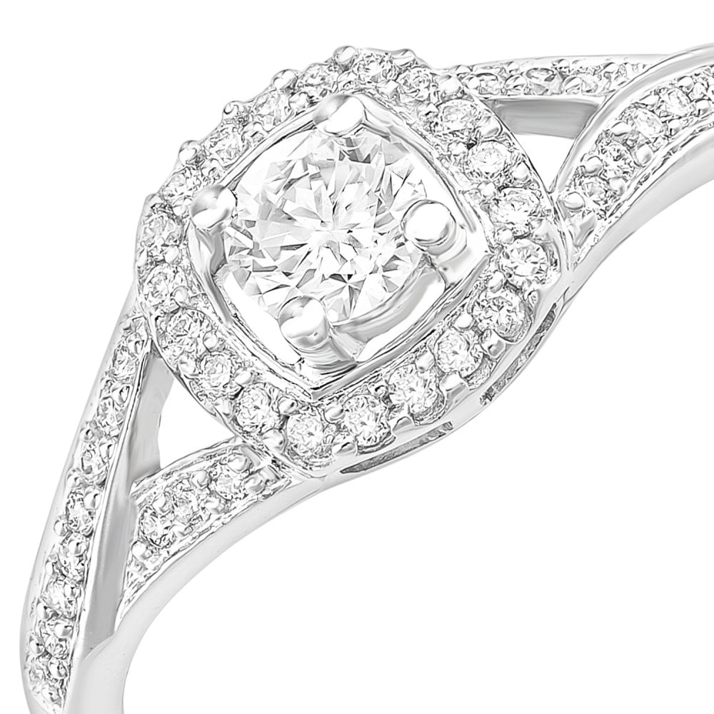 SPARKLD 18ct White Gold Square Halo 0.40ct Diamond Crossover Shoulder Engagement Ring