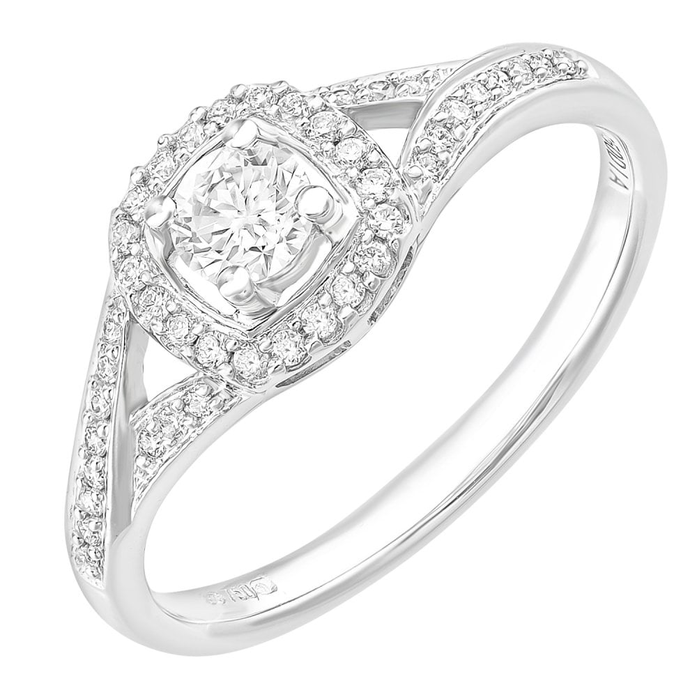 SPARKLD 18ct White Gold Square Halo 0.40ct Diamond Crossover Shoulder Engagement Ring