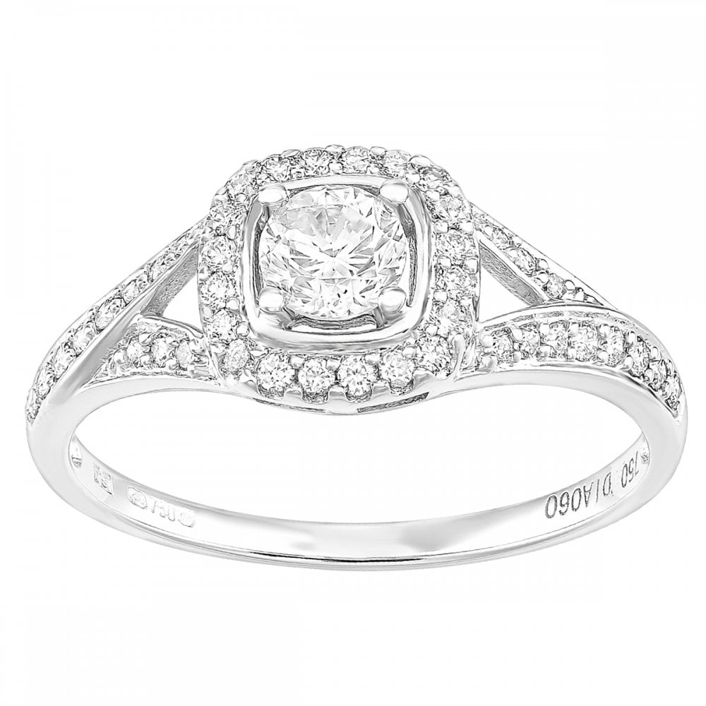 SPARKLD 18ct White Gold Square Halo 0.60ct Diamond Crossover Shoulder Engagement Ring
