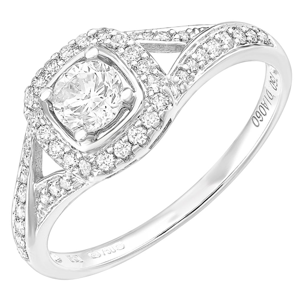 SPARKLD 18ct White Gold Square Halo 0.60ct Diamond Crossover Shoulder Engagement Ring