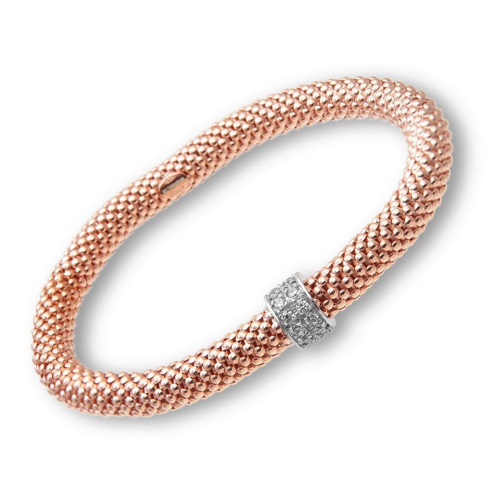 SPARKLD Rose Gold Plated Silver Beaded Stretch Bracelet with Double Row Cubic Zirconia Ring 19 cm long