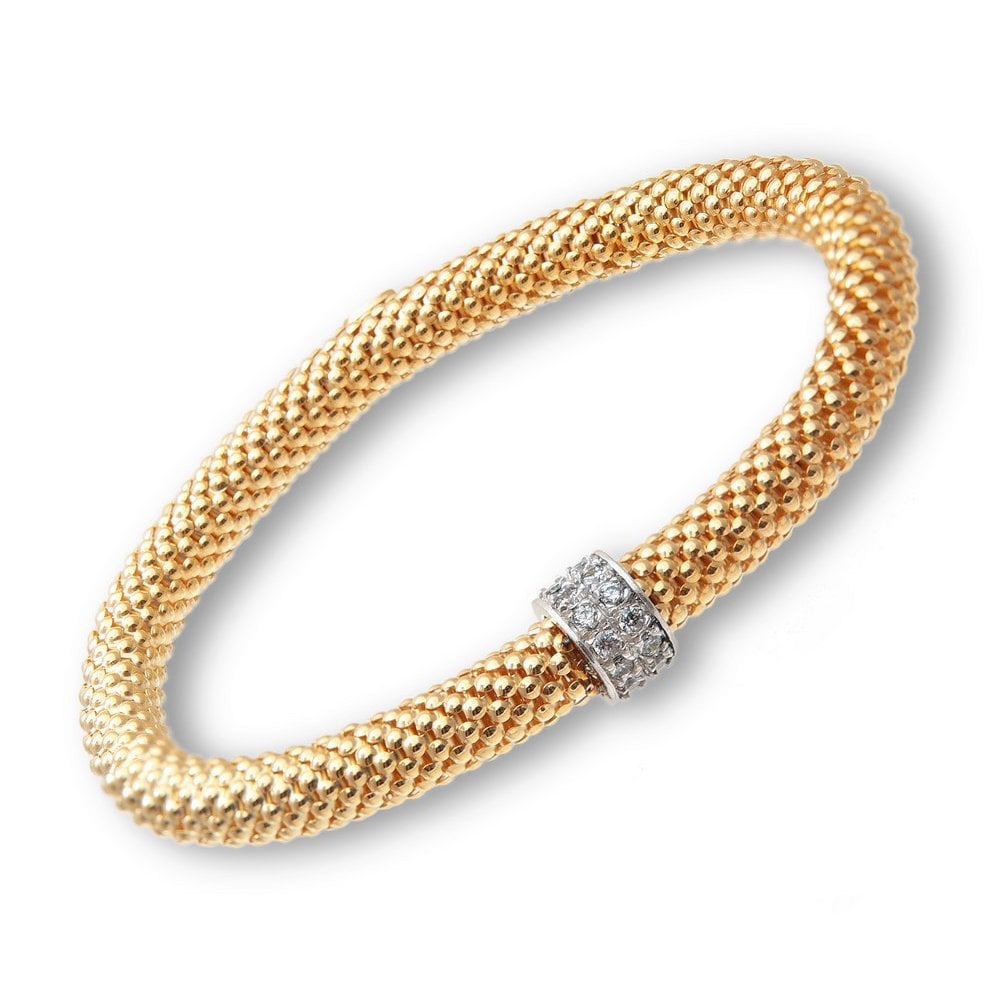 SPARKLD 925 Sterling Silver Yellow Gold Plated Double Row Cubic Zirconia Ring Beaded Stretch Bracelet of 19 cm Long