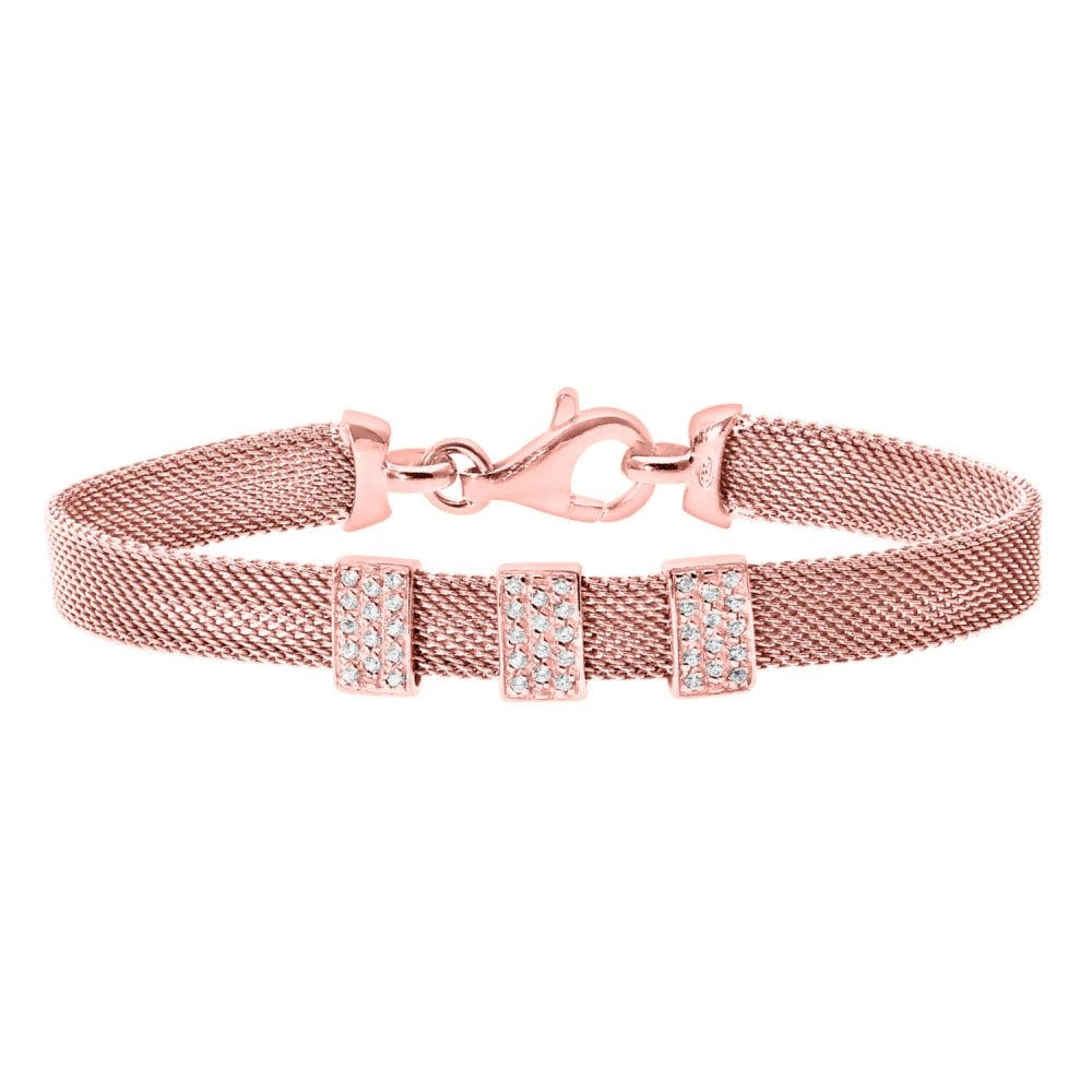 SPARKLD Glamour ofUs Rose Gold Plated Silver Mesh Bracelet with Cubic Zirconia Bars of Length 19 cm