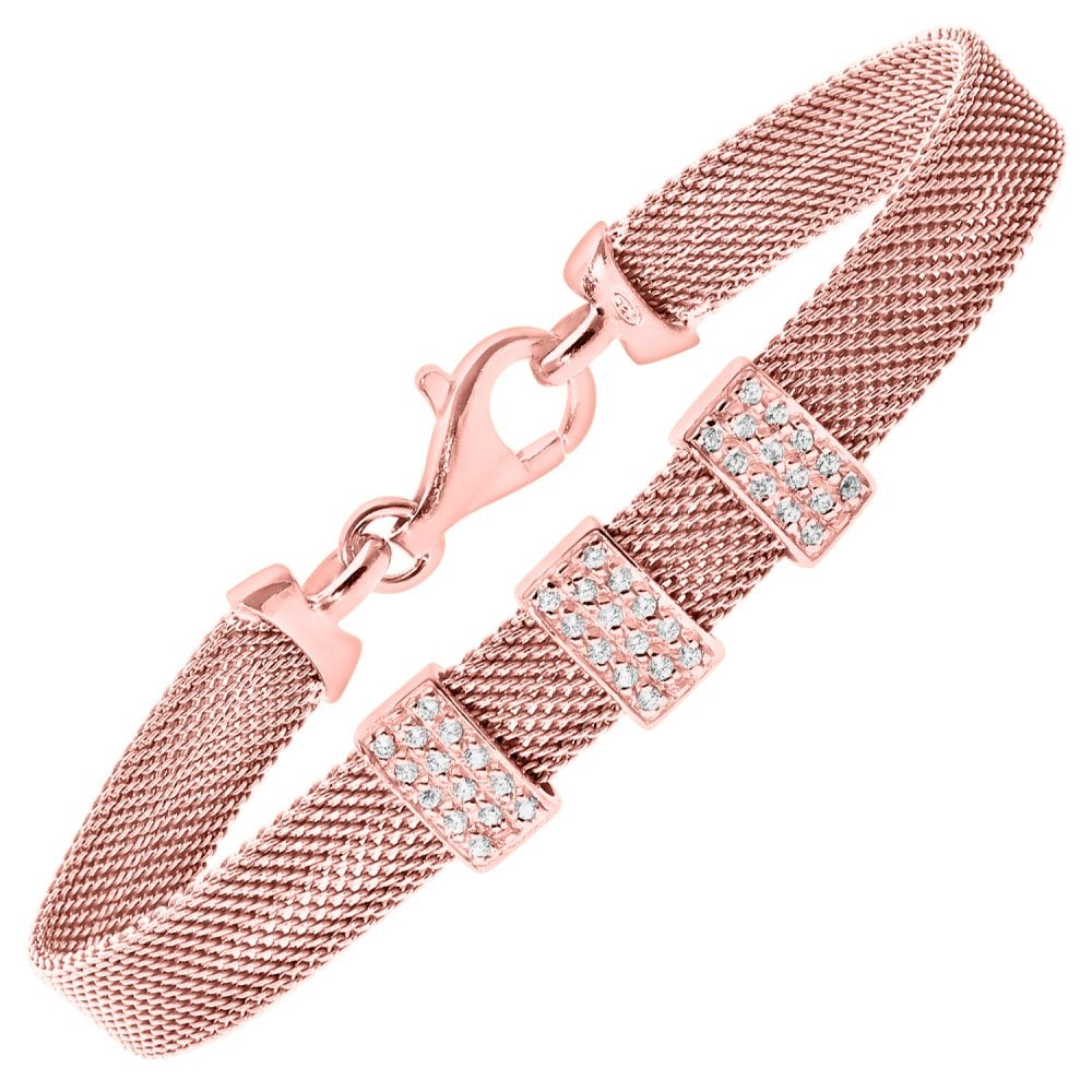 SPARKLD Glamour ofUs Rose Gold Plated Silver Mesh Bracelet with Cubic Zirconia Bars of Length 19 cm