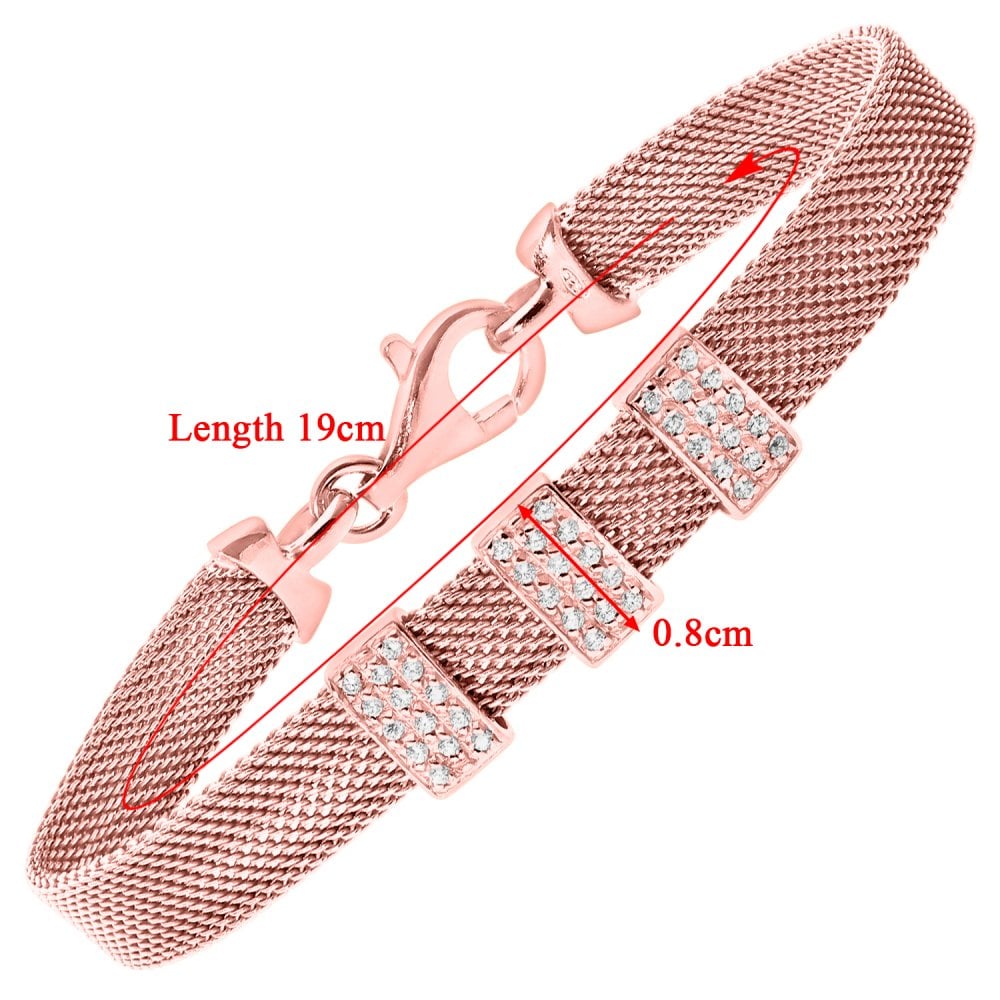 SPARKLD Glamour ofUs Rose Gold Plated Silver Mesh Bracelet with Cubic Zirconia Bars of Length 19 cm