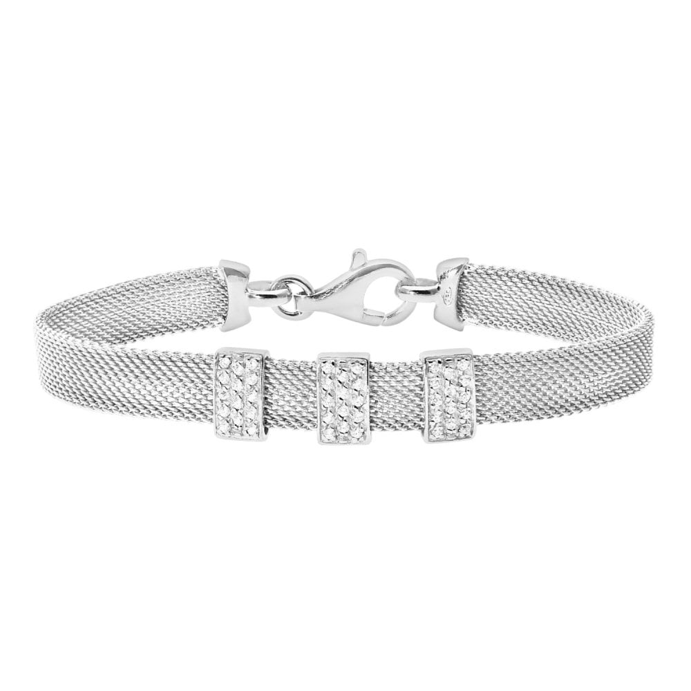 SPARKLD Glamour of Us Rhodium Plated Silver Mesh Bracelet with Cubic Zirconia Bars of Length 19 cm