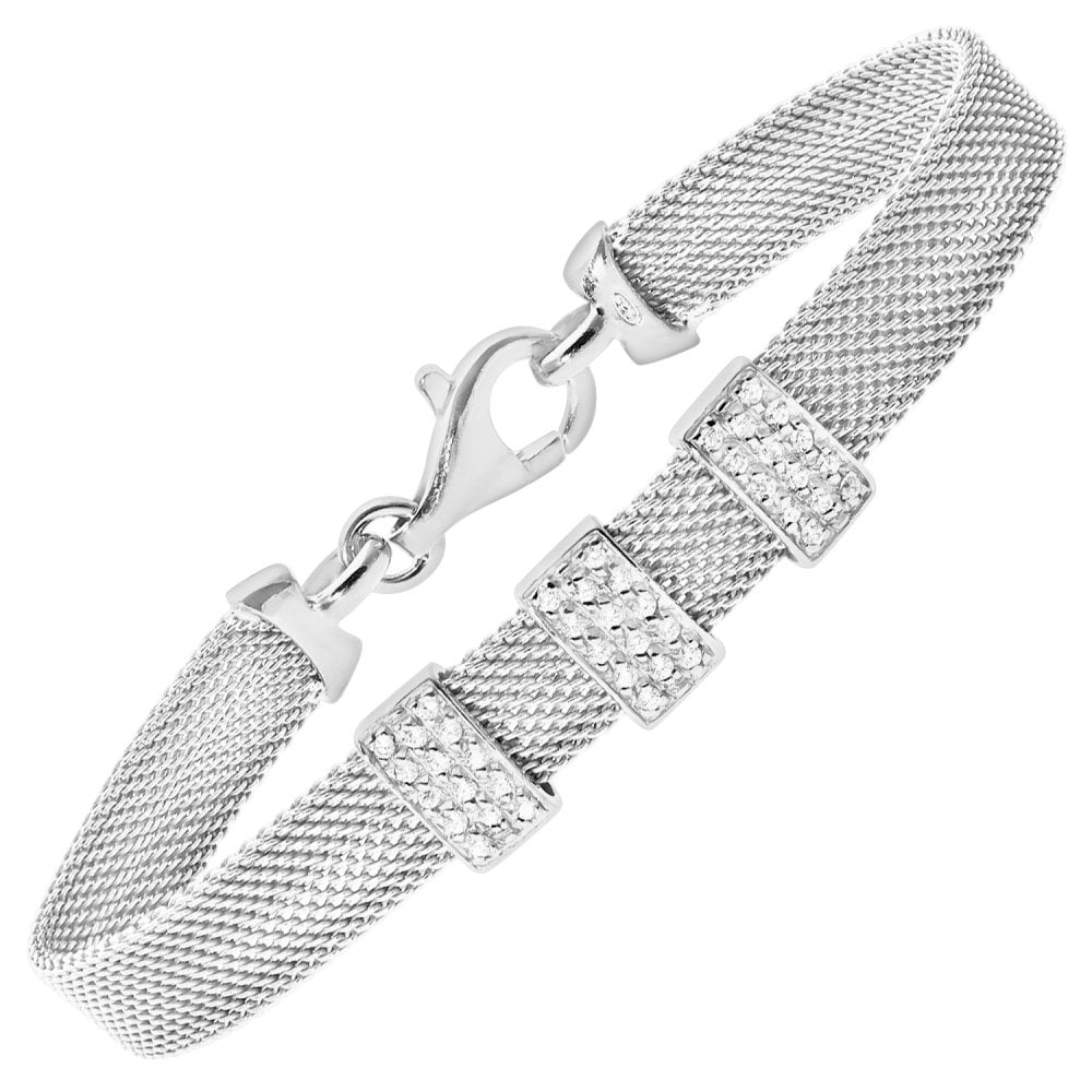 SPARKLD Glamour of Us Rhodium Plated Silver Mesh Bracelet with Cubic Zirconia Bars of Length 19 cm