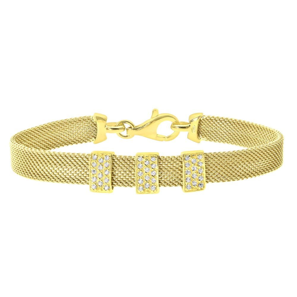 SPARKLD Glamour ofUs Yellow Gold Plated Silver Mesh Bracelet with Cubic Zirconia Bars of Length 19 cm