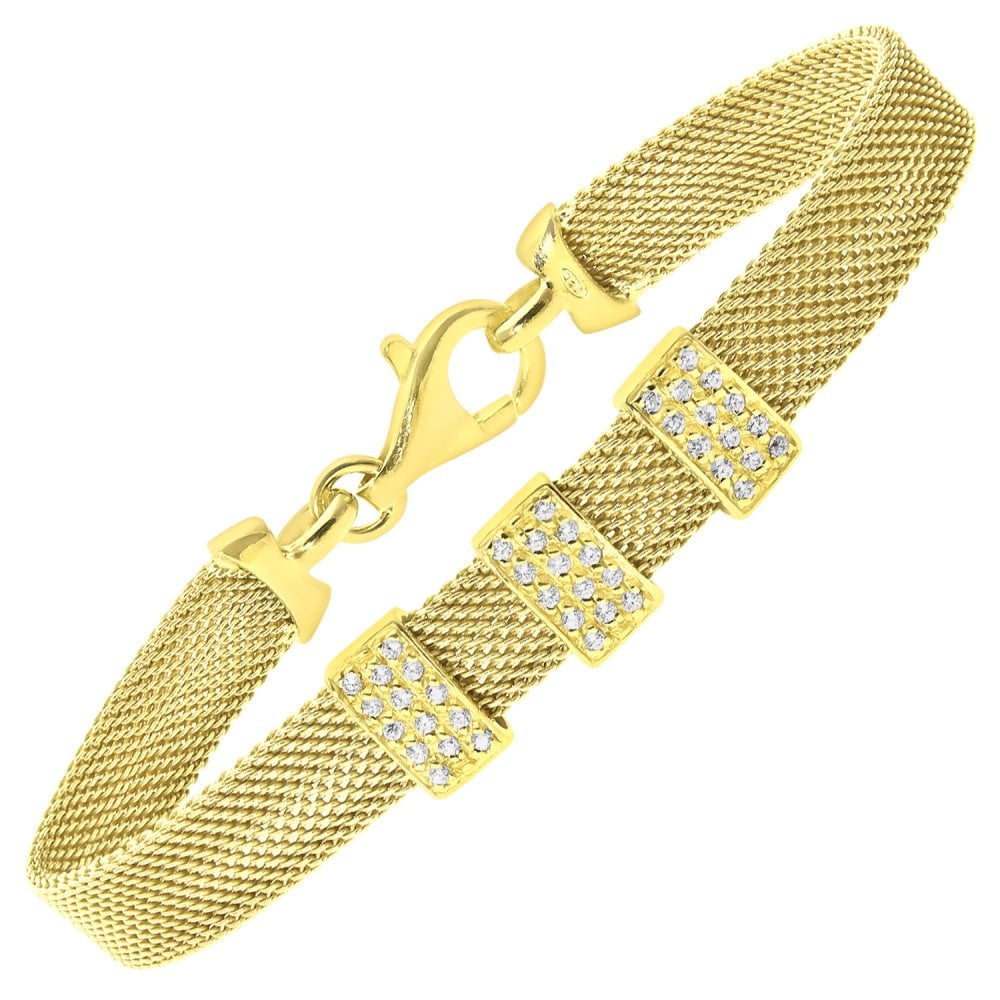 SPARKLD Glamour ofUs Yellow Gold Plated Silver Mesh Bracelet with Cubic Zirconia Bars of Length 19 cm