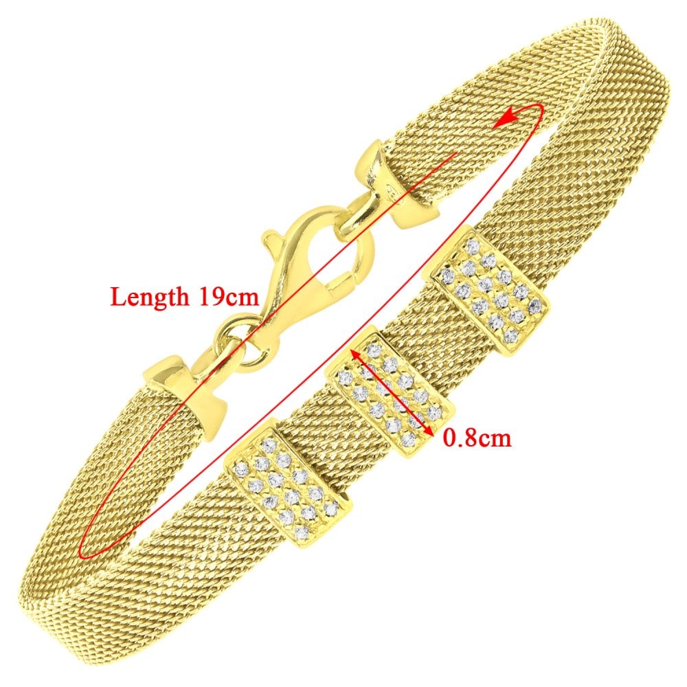 SPARKLD Glamour ofUs Yellow Gold Plated Silver Mesh Bracelet with Cubic Zirconia Bars of Length 19 cm