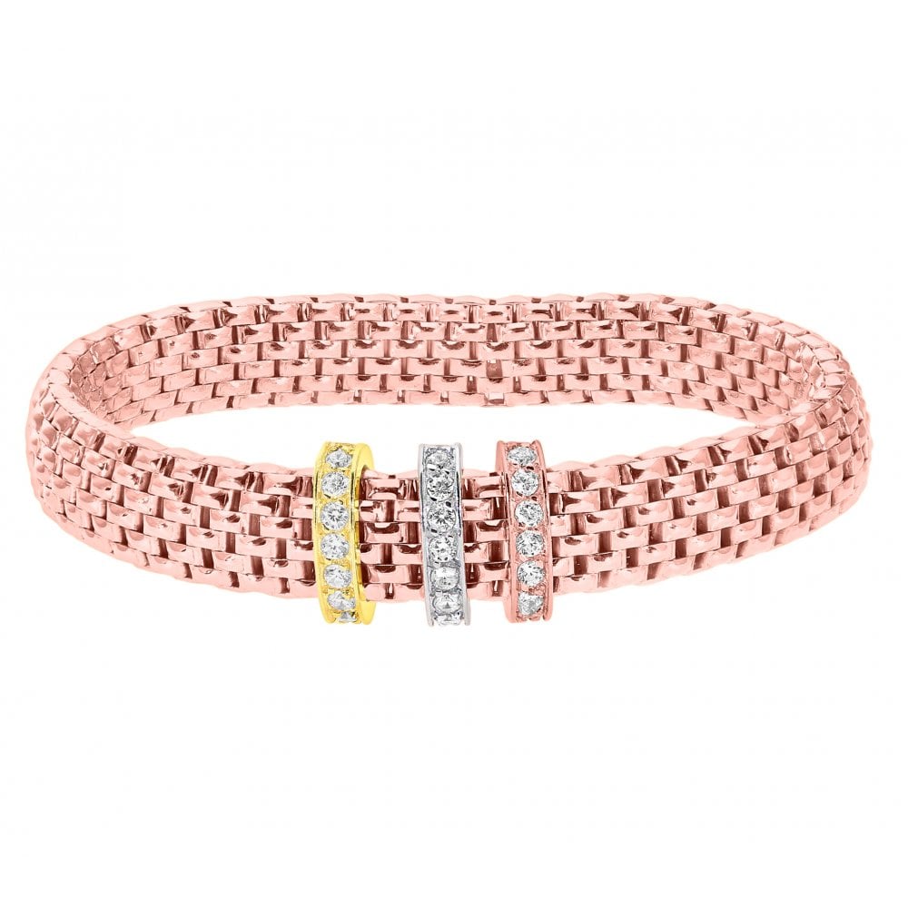 SPARKLD Rose Gold Plated Silver Mesh Stretch Bracelet with 3 Tone Cubic Zirconia Charms
