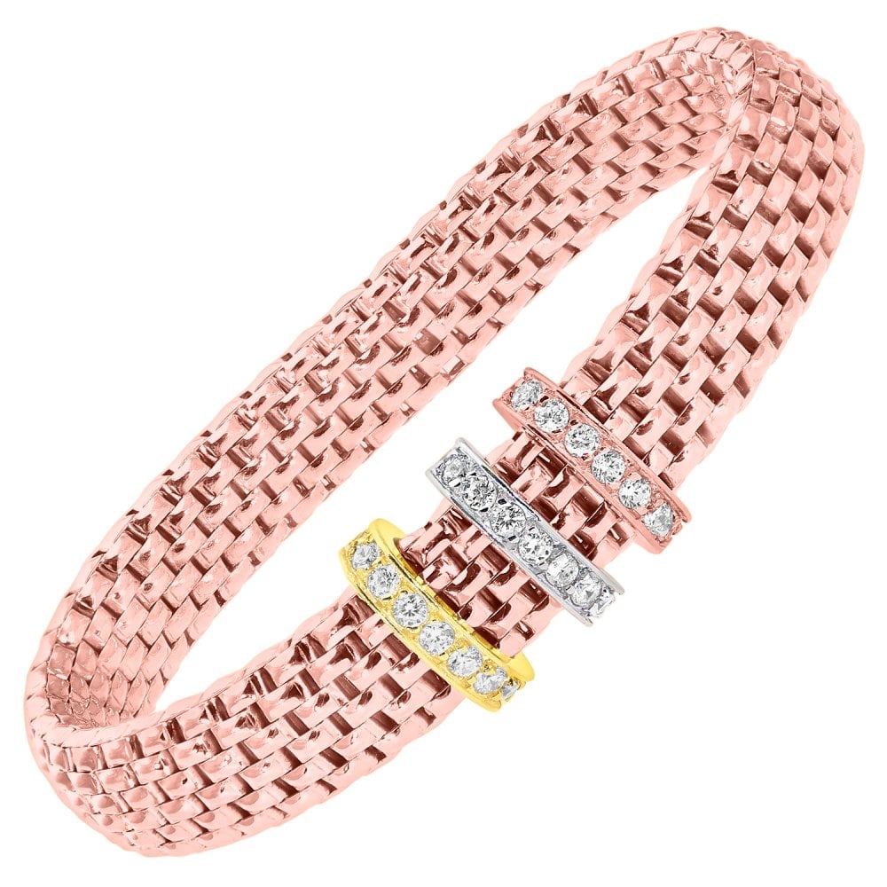 SPARKLD Rose Gold Plated Silver Mesh Stretch Bracelet with 3 Tone Cubic Zirconia Charms