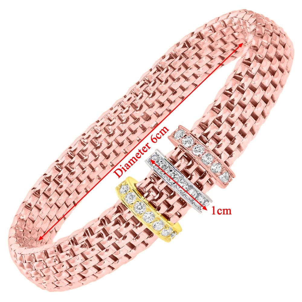 SPARKLD Rose Gold Plated Silver Mesh Stretch Bracelet with 3 Tone Cubic Zirconia Charms