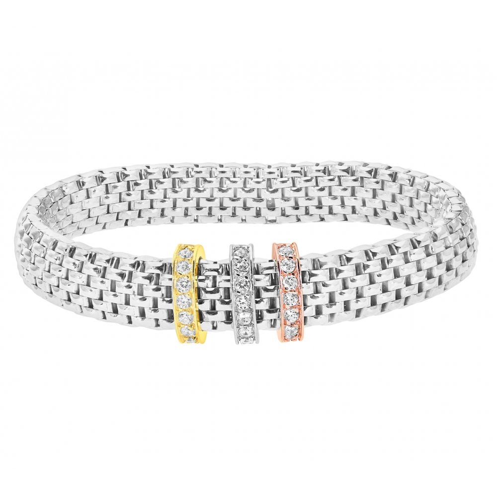 SPARKLD Rhodium Plated Silver Mesh Stretch Bracelet with 3 Tone Cubic Zirconia Charms