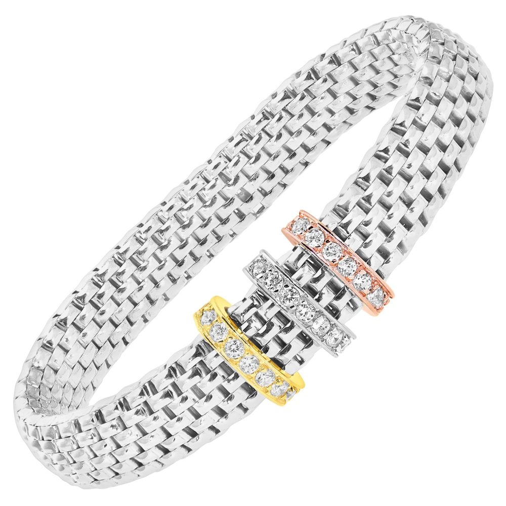 SPARKLD Rhodium Plated Silver Mesh Stretch Bracelet with 3 Tone Cubic Zirconia Charms