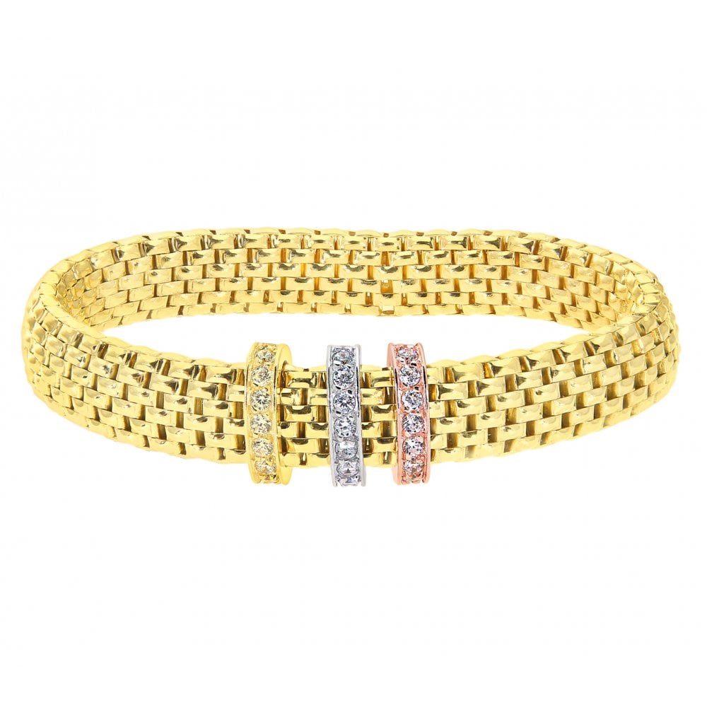 SPARKLD Yellow Gold Plated Silver Mesh Stretch Bracelet with 3 Tone Cubic Zirconia Charms