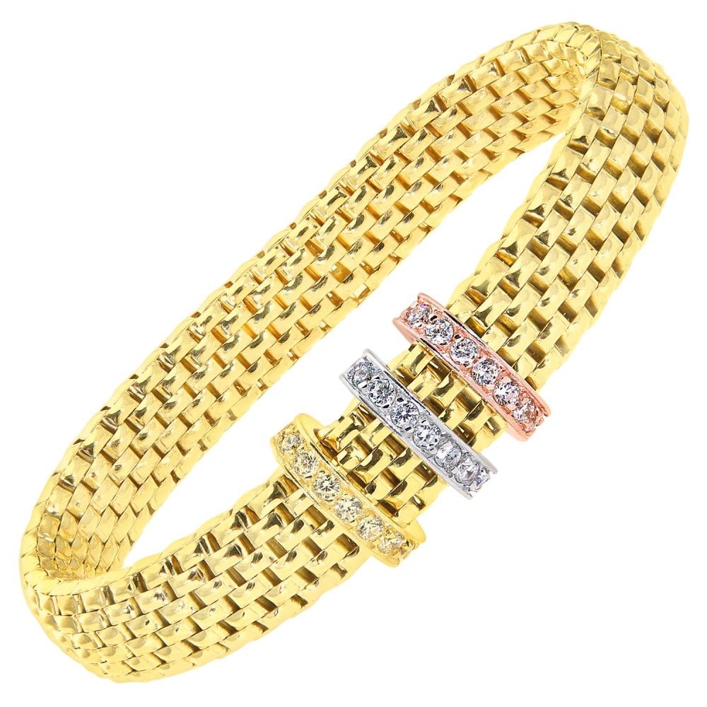 SPARKLD Yellow Gold Plated Silver Mesh Stretch Bracelet with 3 Tone Cubic Zirconia Charms