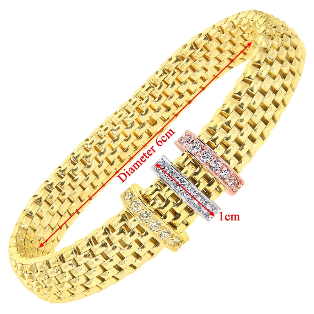 SPARKLD Yellow Gold Plated Silver Mesh Stretch Bracelet with 3 Tone Cubic Zirconia Charms