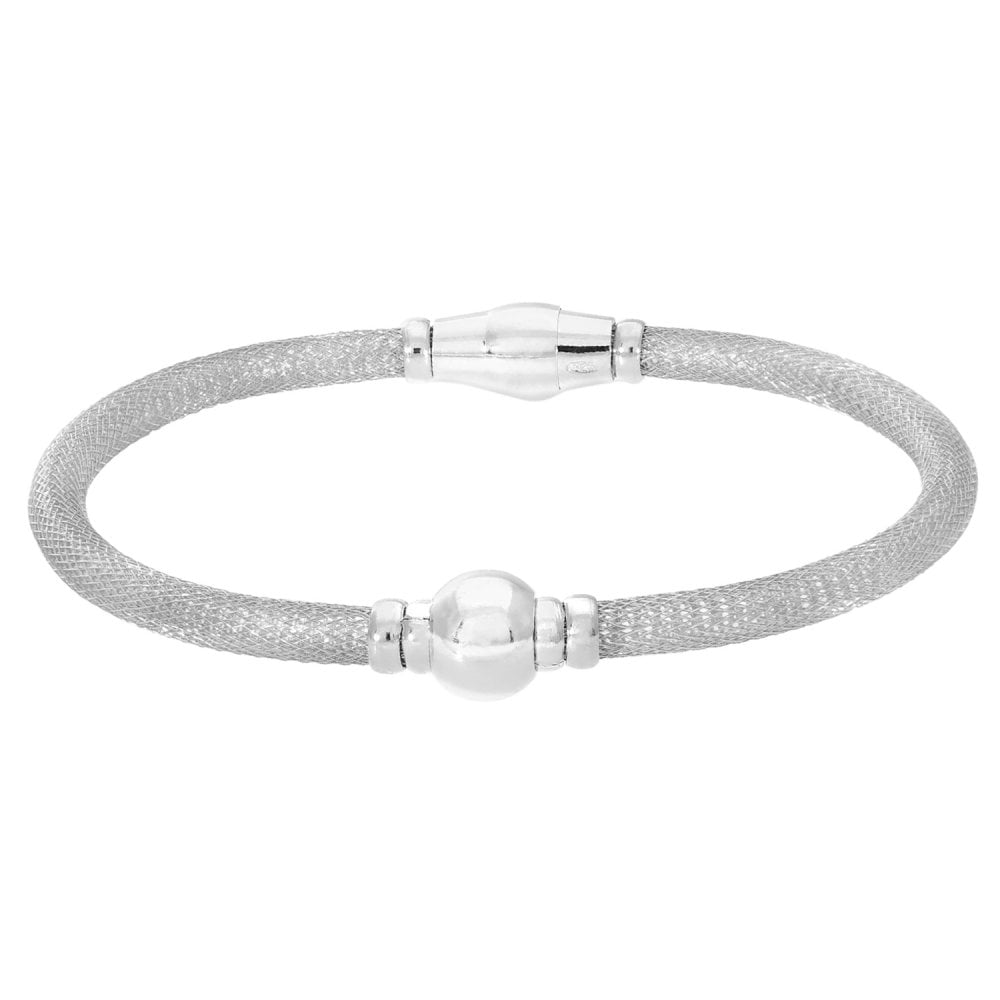 SPARKLD Rhodium Plated Silver Mesh Snap Bracelet with Rhodium Beads