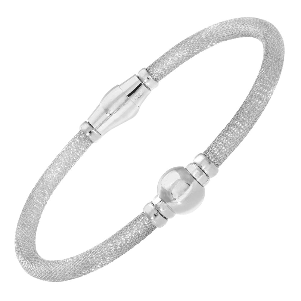 SPARKLD Rhodium Plated Silver Mesh Snap Bracelet with Rhodium Beads