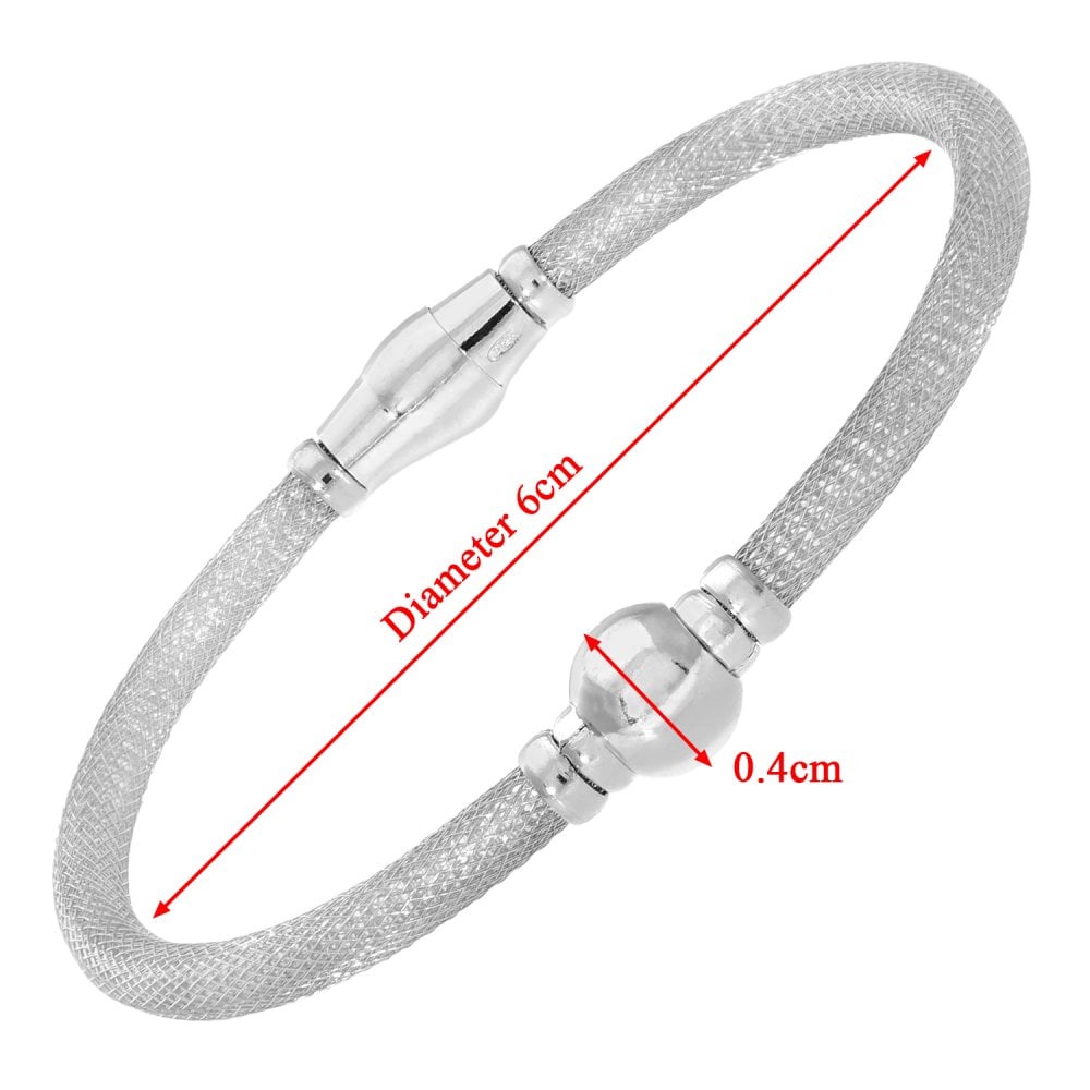SPARKLD Rhodium Plated Silver Mesh Snap Bracelet with Rhodium Beads