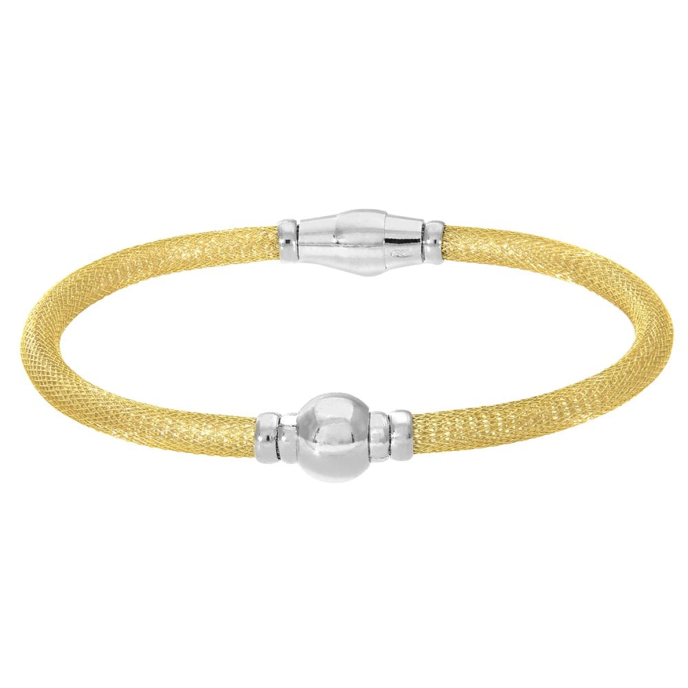 SPARKLD Yellow Gold Plated Silver Mesh Snap Bracelet with Rhodium Beads