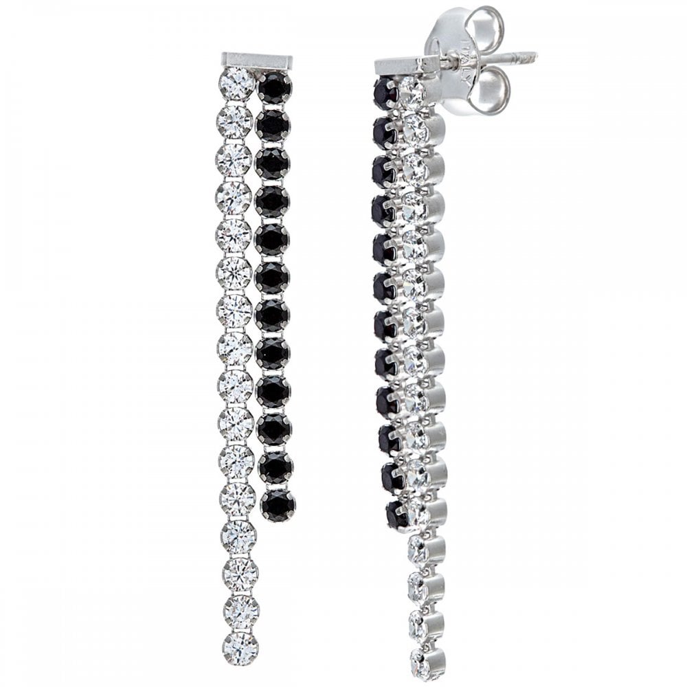 SPARKLD Sterling Silver and Rhodium Plated 2 Strand Earrings, Filled with Black and Clear Swarovski Crystals
