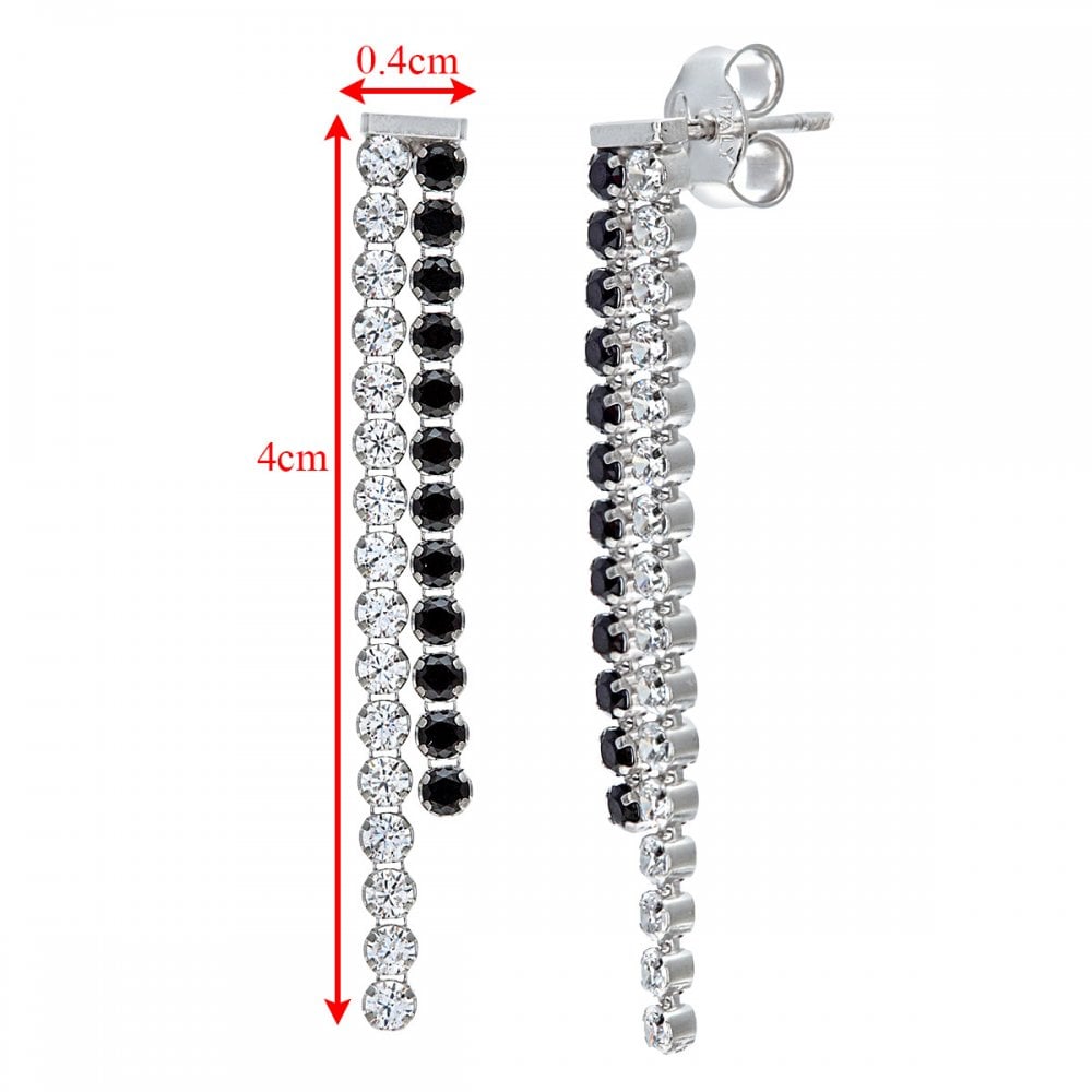 SPARKLD Sterling Silver and Rhodium Plated 2 Strand Earrings, Filled with Black and Clear Swarovski Crystals