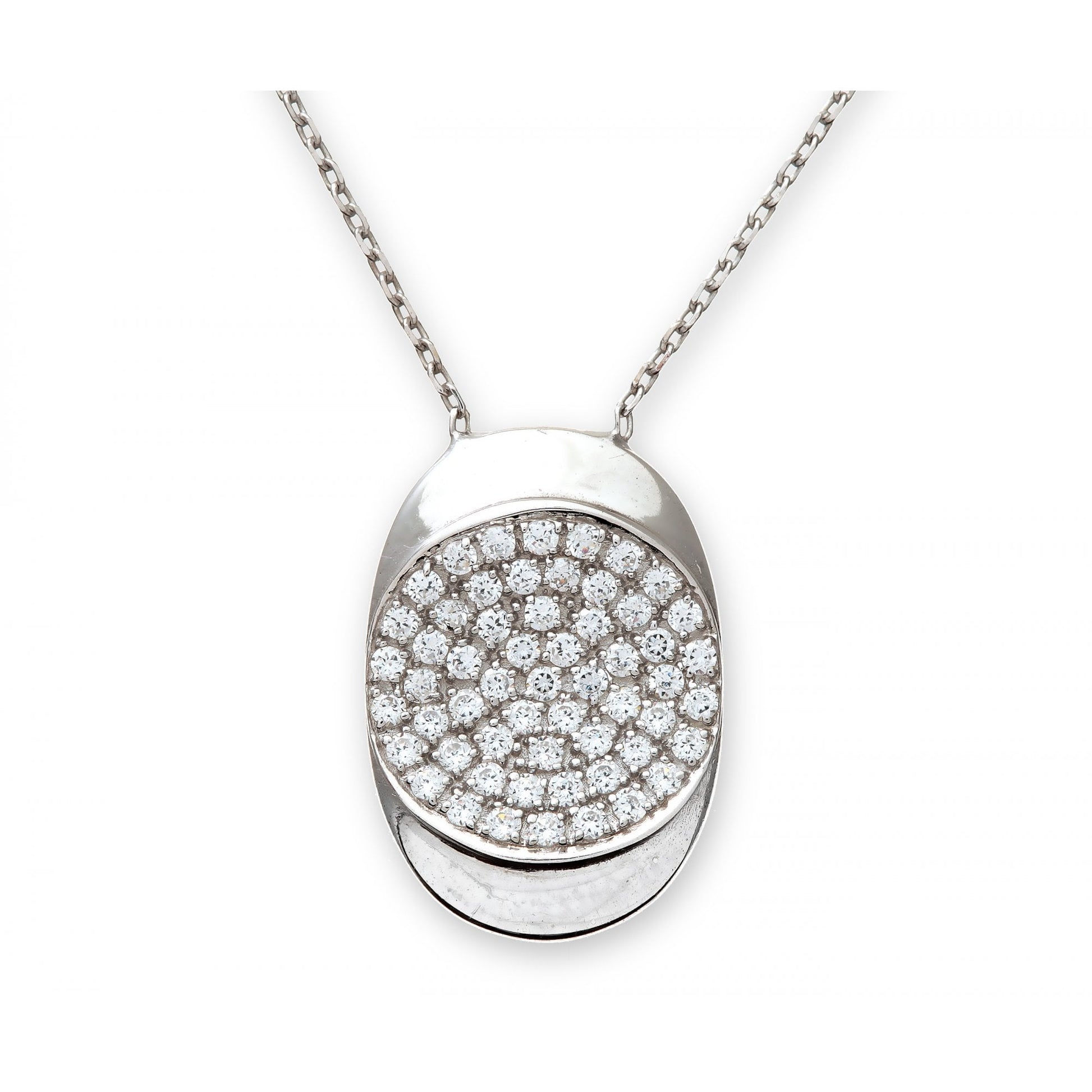 SPARKLD Sterling Silver Cubic Zirconia Oval Disc Pendant and 42 cm Chain