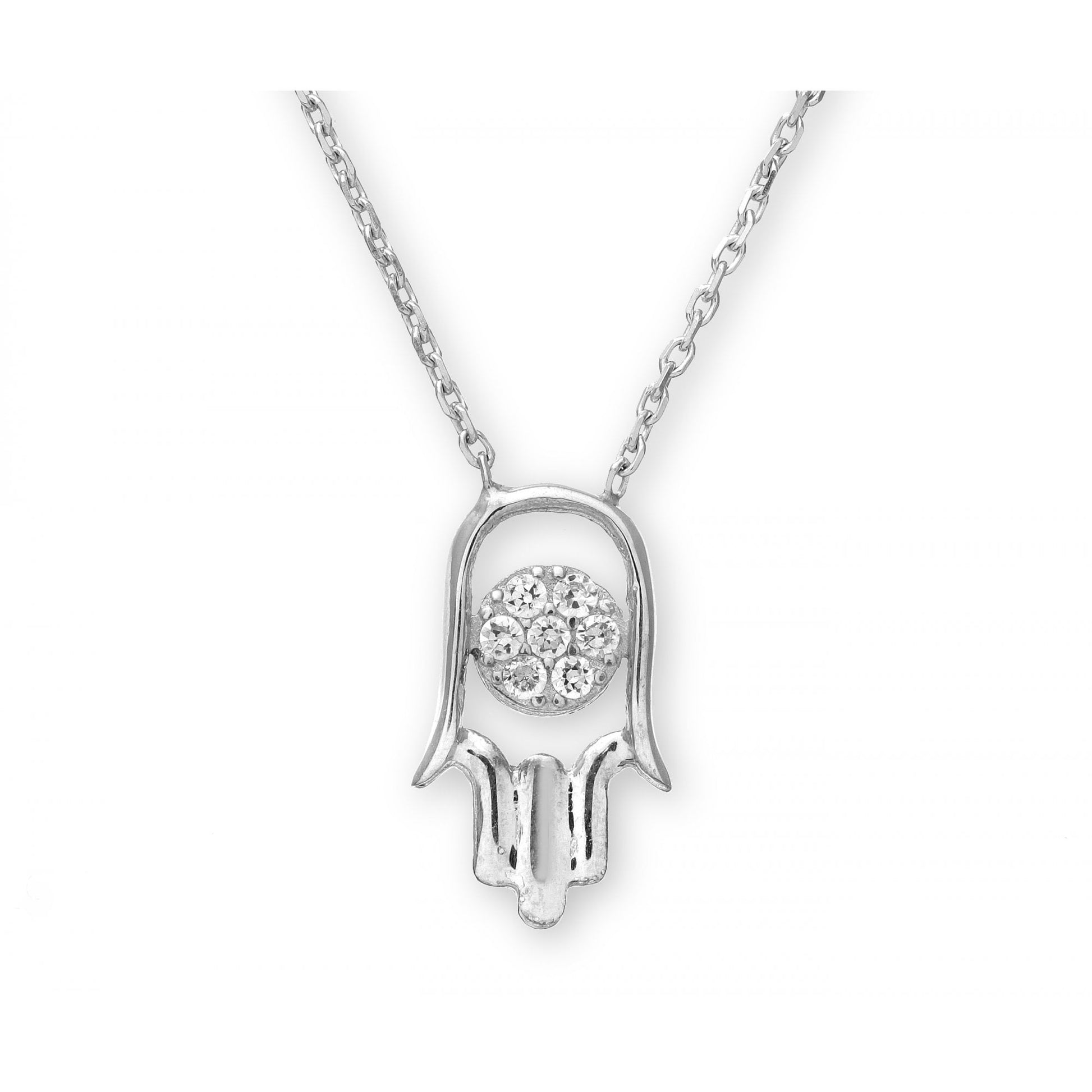 SPARKLD Sterling Silver Cubic Zirconia Luck Hand Charm 'Hamsa' Pendant and 42 cm Chain