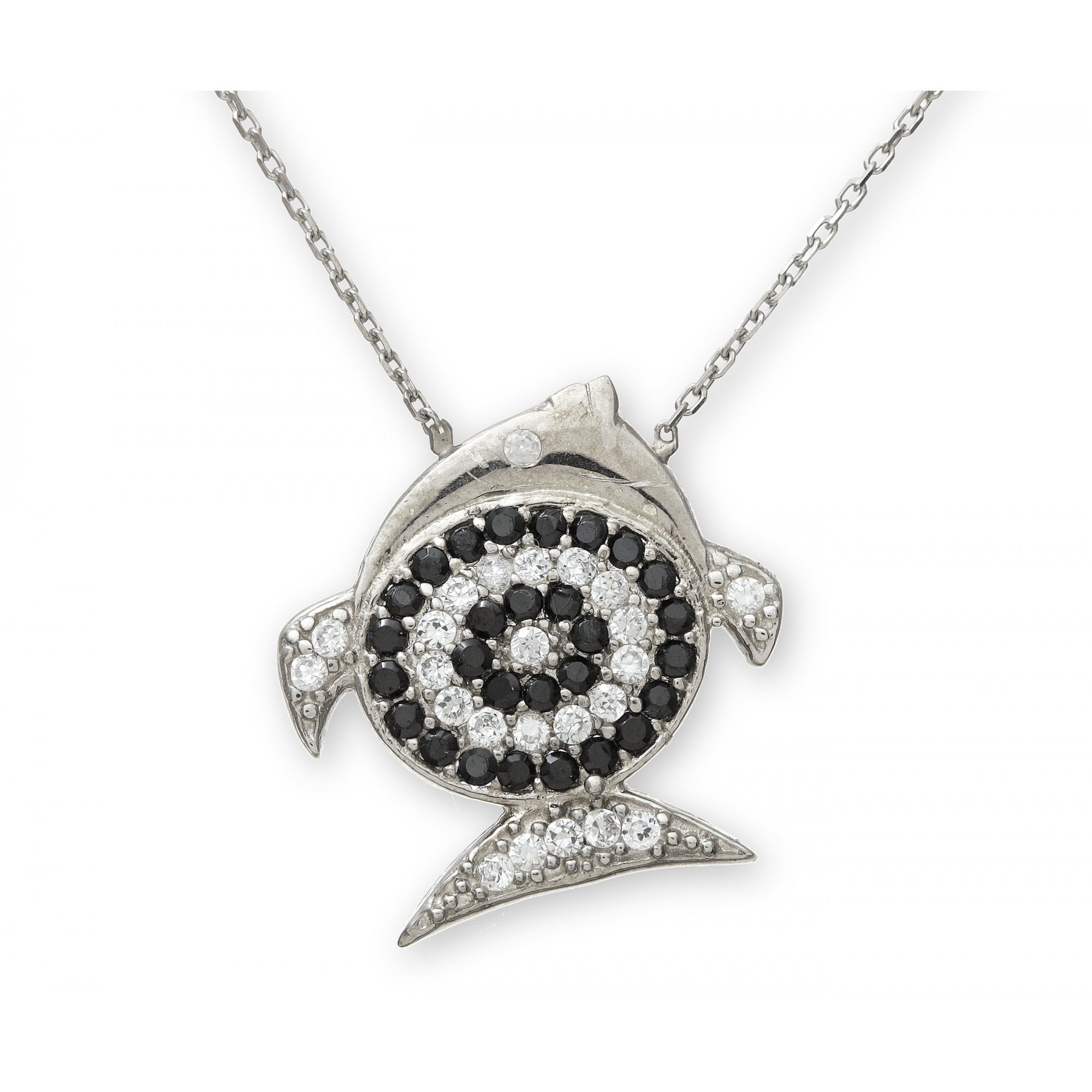 SPARKLD Sterling Silver White and Black Cubic Zirconia Fish Pendant and 42 cm Chain