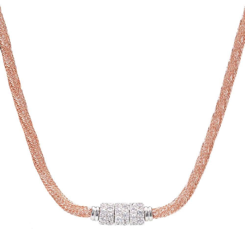 SPARKLD Glamour ofUs Rose Gold Plated Silver Soft Mesh Necklace with Cubic Zirconia Rings of Length 43.2 cm