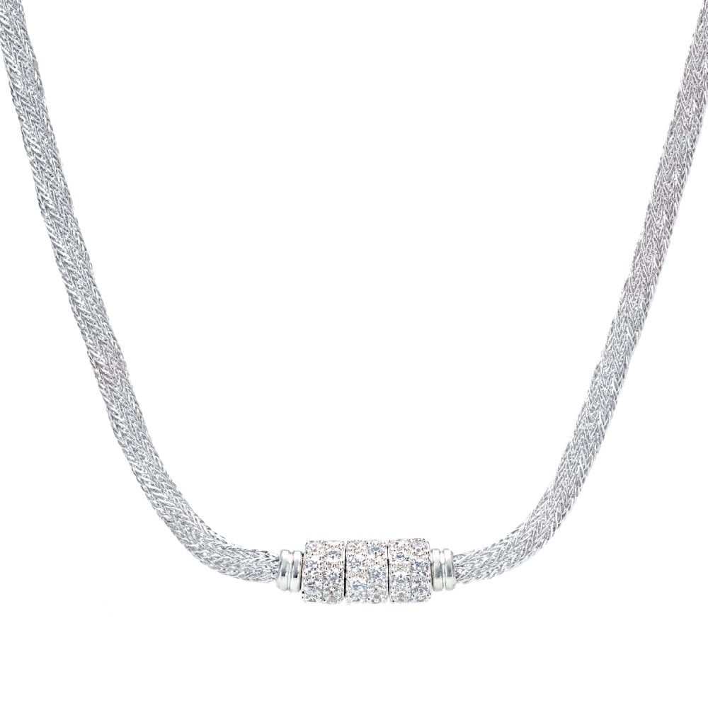 SPARKLD Glamour ofUs Rhodium Plated Silver Soft Mesh Necklace with Cubic Zirconia Rings of Length 43.2 cm