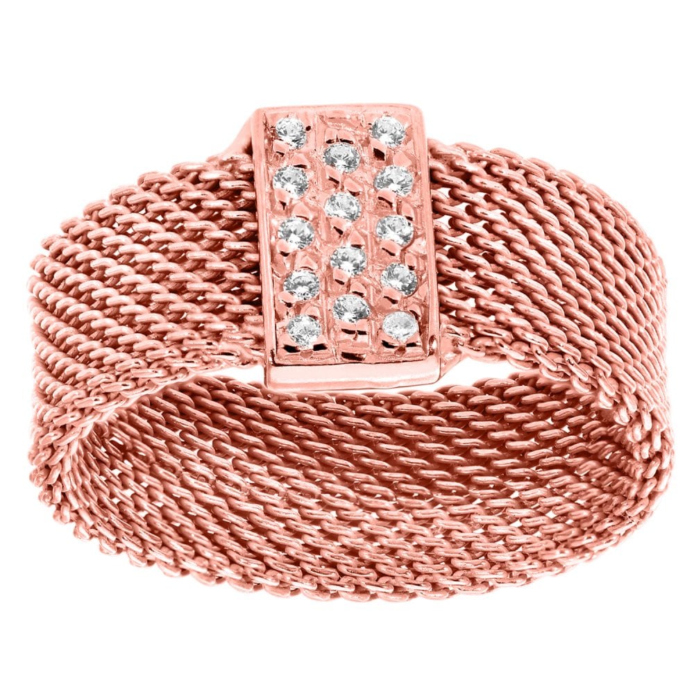 SPARKLD Rose Gold Plated Silver Mesh Ring with Cubic Zirconia Bar