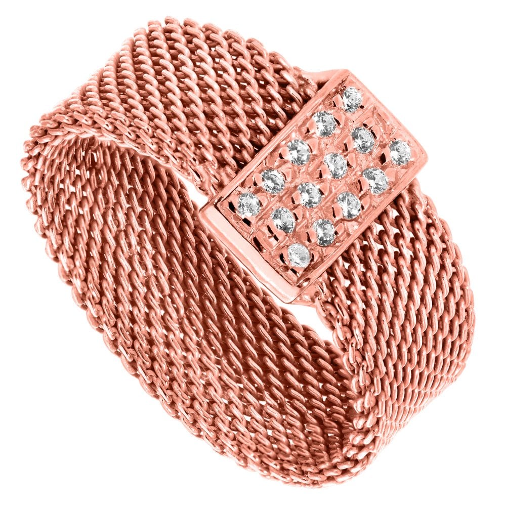 SPARKLD Rose Gold Plated Silver Mesh Ring with Cubic Zirconia Bar