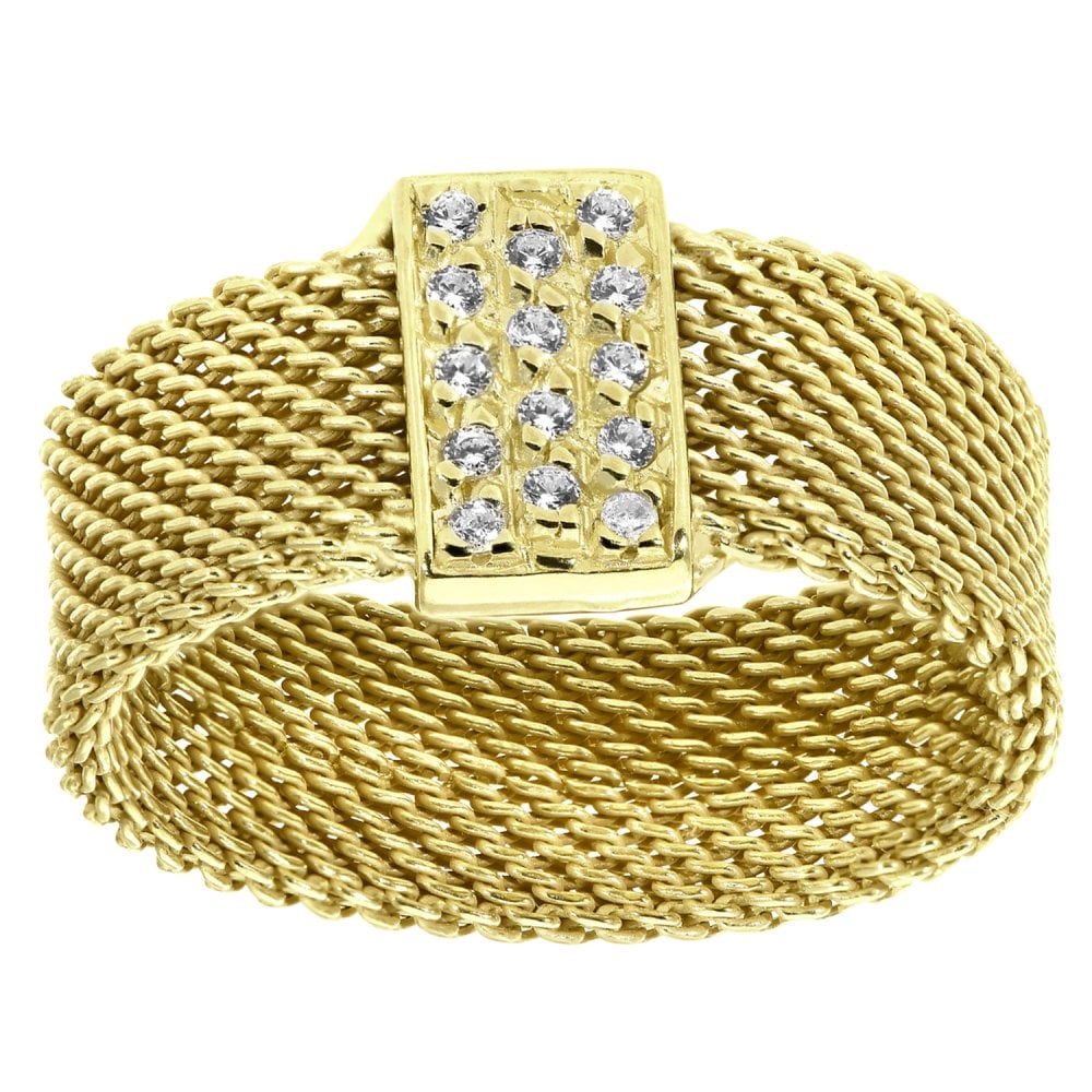 SPARKLD Yellow Gold Plated Silver Mesh Ring with Cubic Zirconia Bar