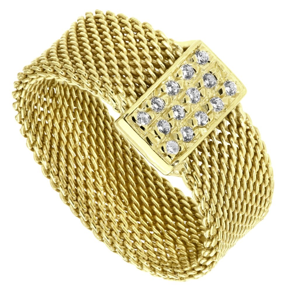 SPARKLD Yellow Gold Plated Silver Mesh Ring with Cubic Zirconia Bar