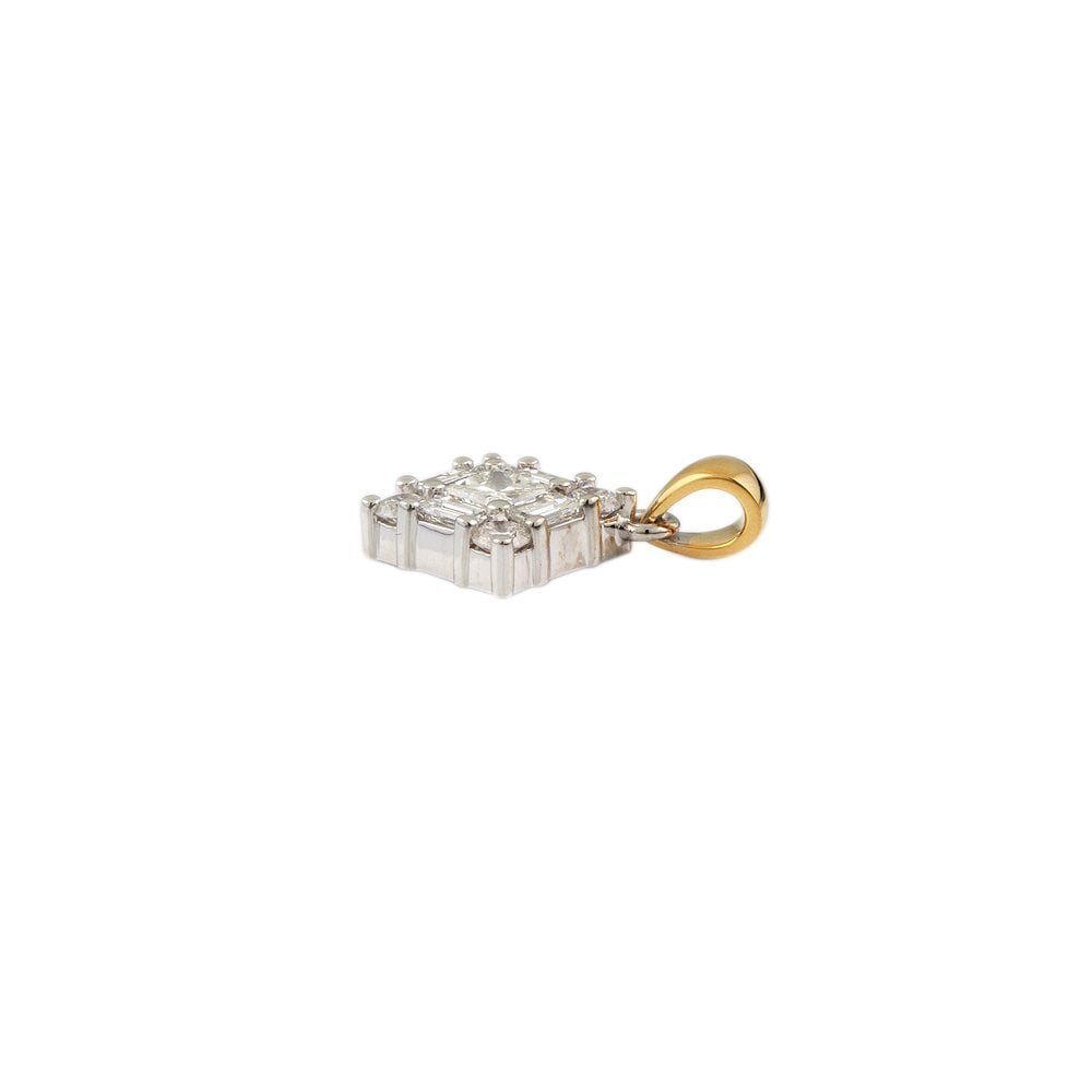 9ct Yellow and White Gold 0.75ct Round Brilliant and 0.35ct Baguette Cut Diamonds Cluster Pendant