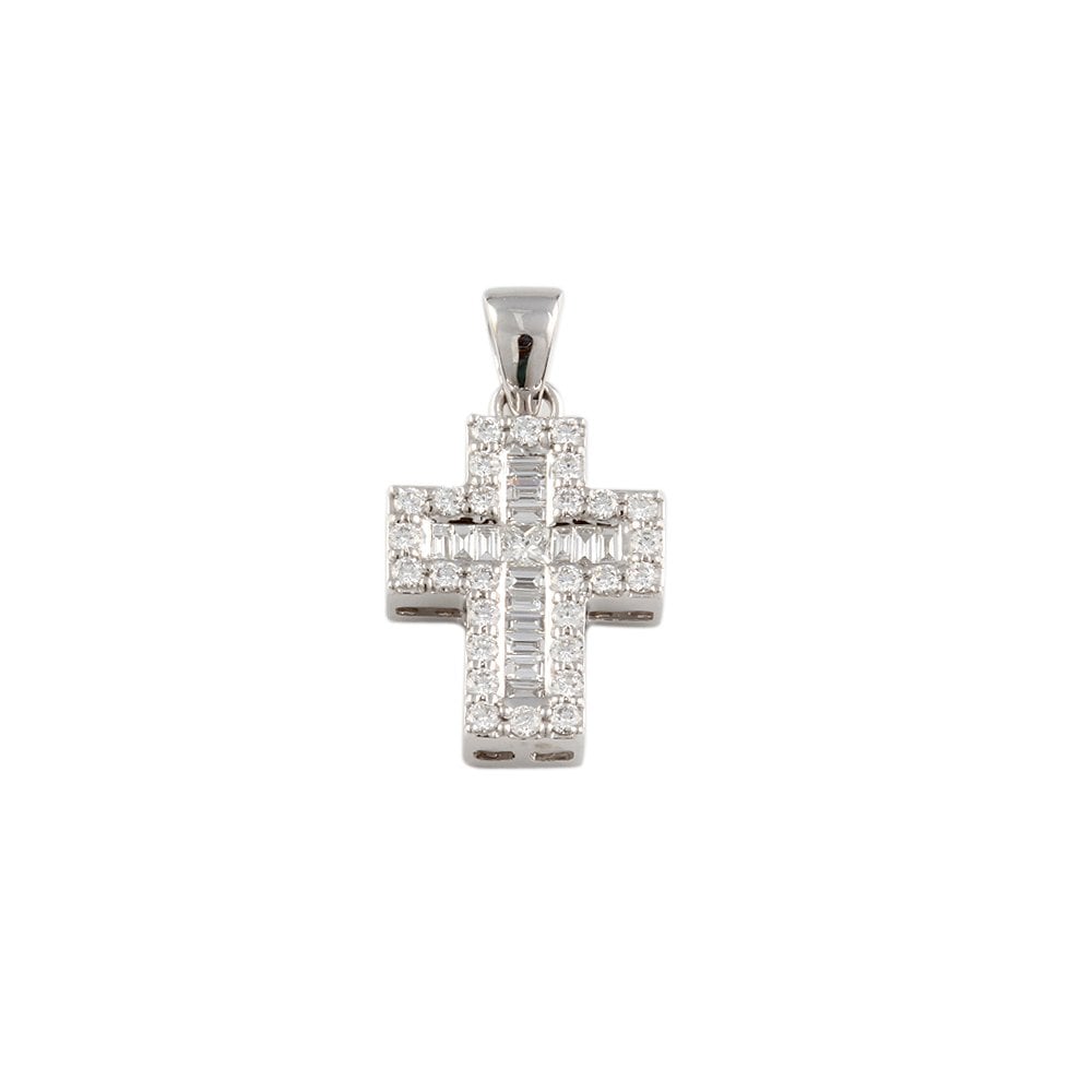 9ct White Gold 0.39ct Round Brilliant, 0.22ct Baguette Cut and 0.07ct Princess Cut Diamonds Cross Pendant