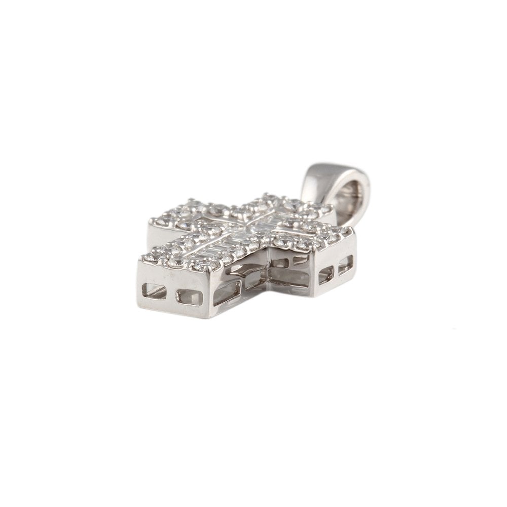 9ct White Gold 0.39ct Round Brilliant, 0.22ct Baguette Cut and 0.07ct Princess Cut Diamonds Cross Pendant